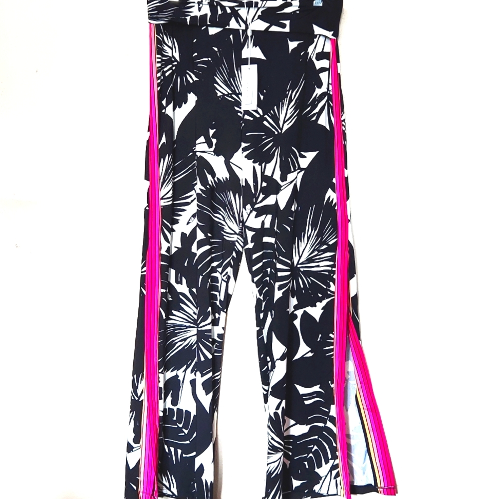 Trina Turk Black White Floral Swim Coverup with Hot Pink Trim